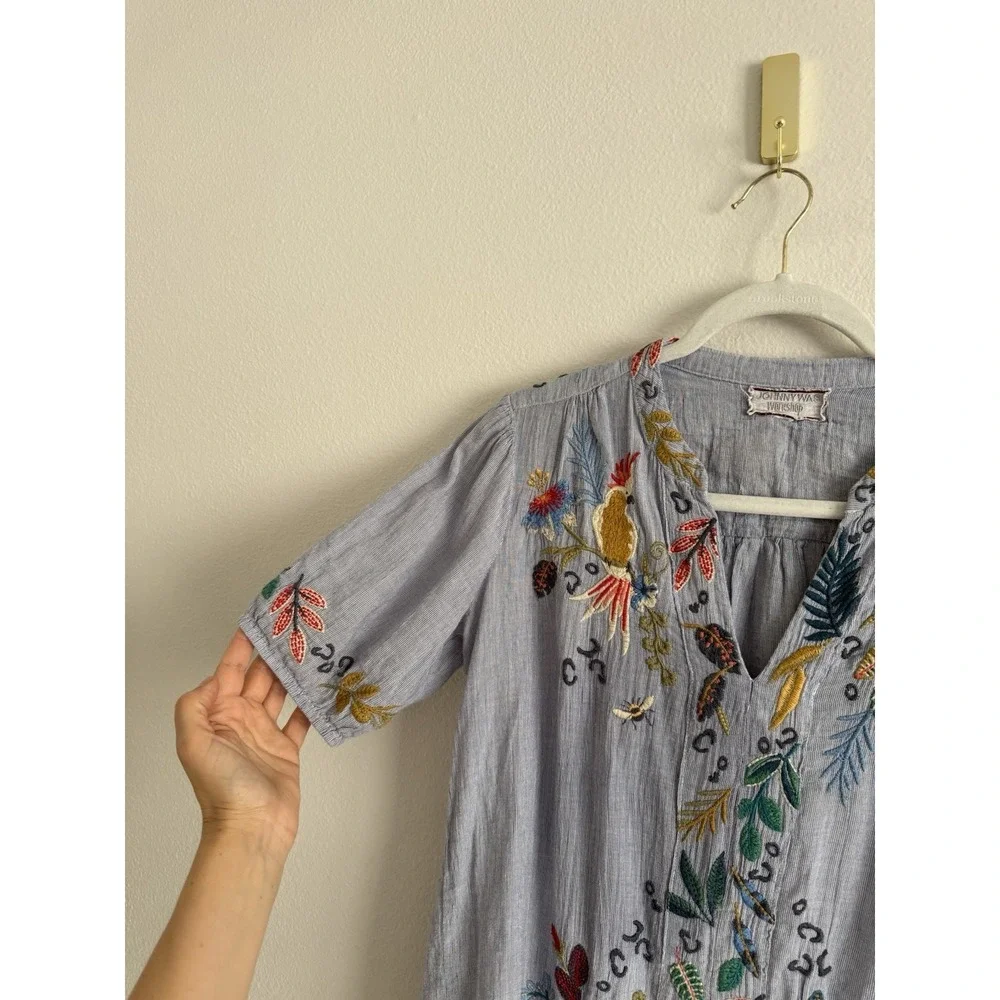Johnny Was Indraa Puff Sleeve Popover Blouse Sz XS/S Floral Tiger Embroidered
